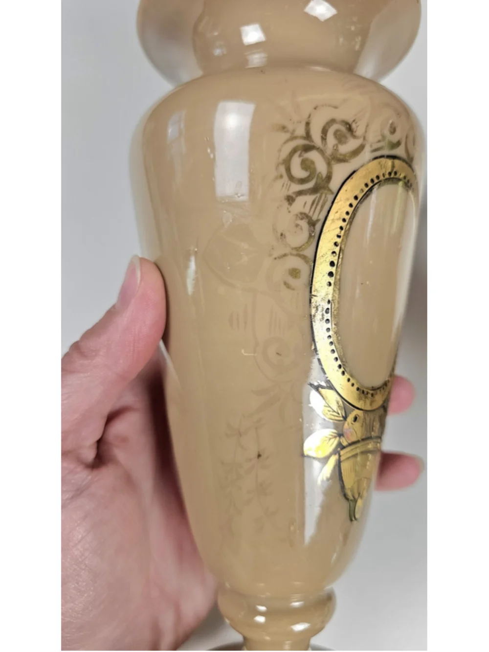 Antique Victorian Bristol Glass Vase Set Gold Gilt Hand Blown Taupe Pontil 8.5